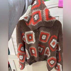 POL Brown and Orange Geometric Knit Sweater